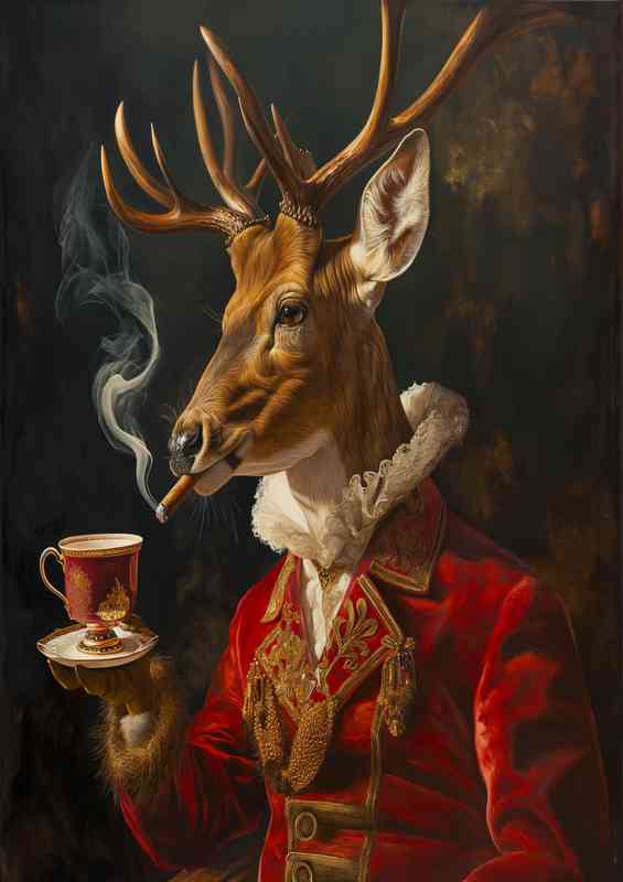 Deer with a cigar and a coffee | Metal Poster