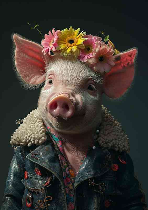 Little Pig wearing a flowered head set | Poster
