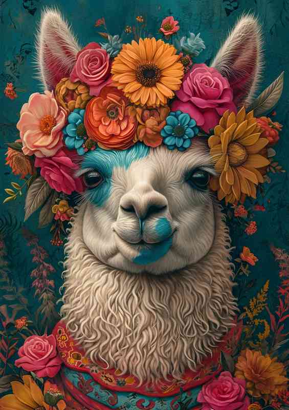 Llama with a flowered headband on | Metal Poster
