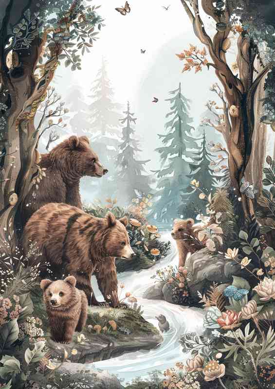 A Family of Bears by the stream | Canvas