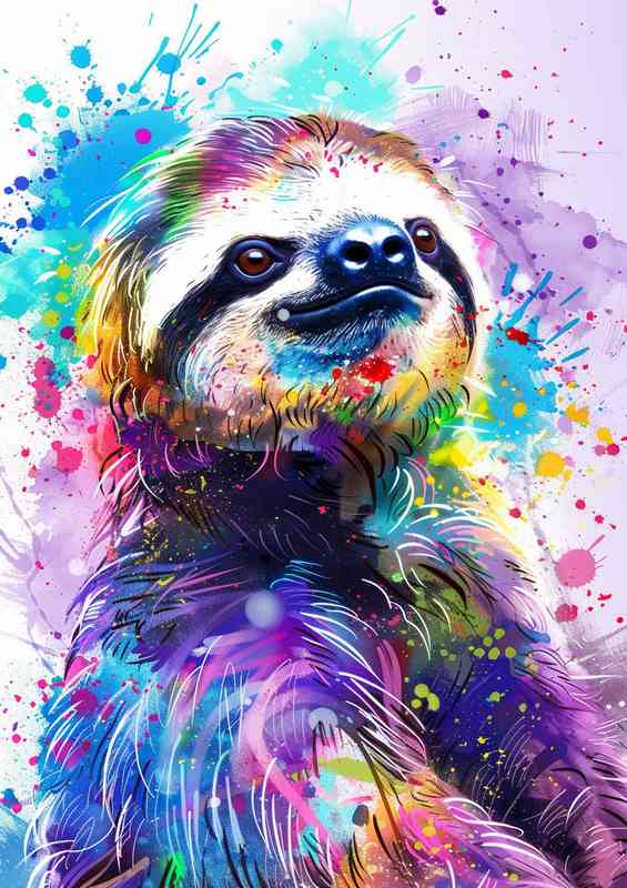 A cute sloth with colorful paint splashes | Canvas
