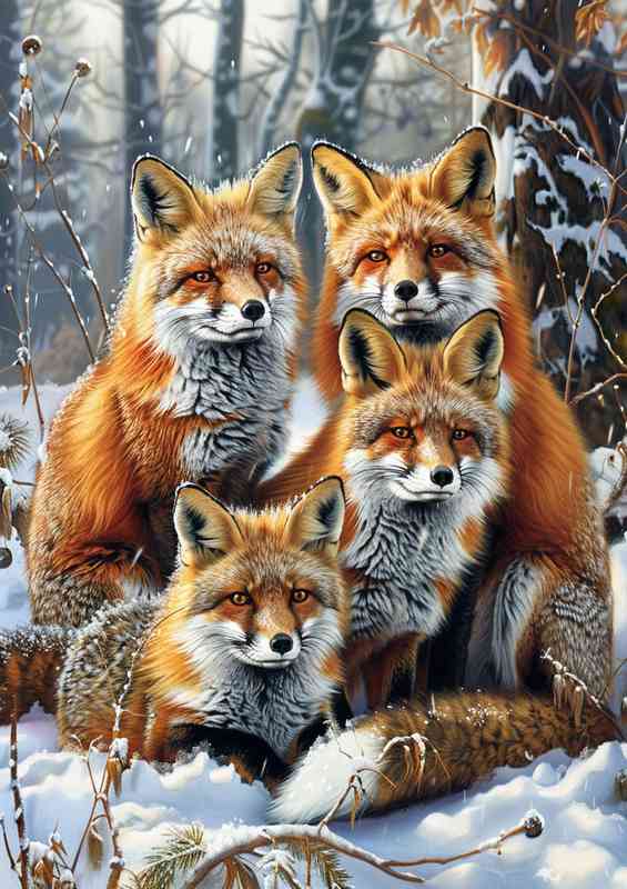 A family of red Foxes in the snow | Di-Bond