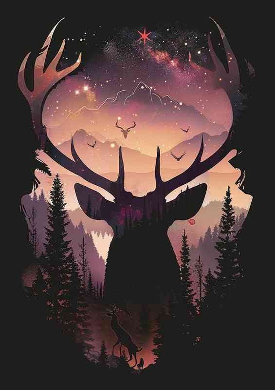 A silhouette of Deer in the woods | Poster