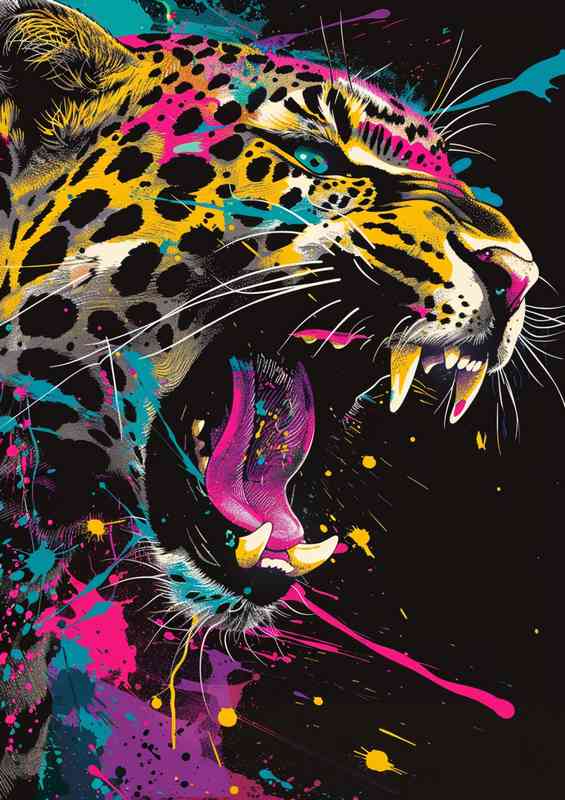 A vibrant leopard with paint splashes | Metal Poster
