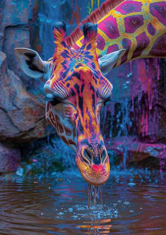 Amazing giraffe drinking at the wattering hole | Metal Poster