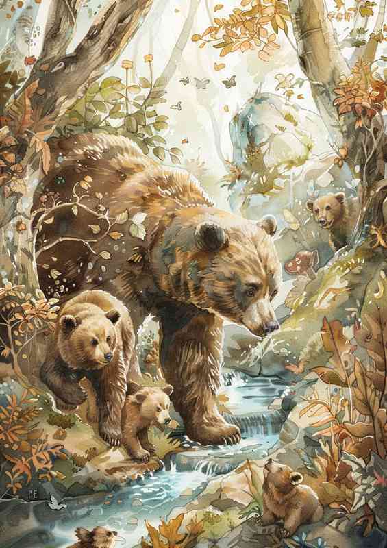 Bears and cubs in the forest | Metal Poster