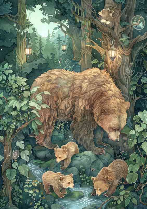 Bears and the cubs by the stream | Di-Bond