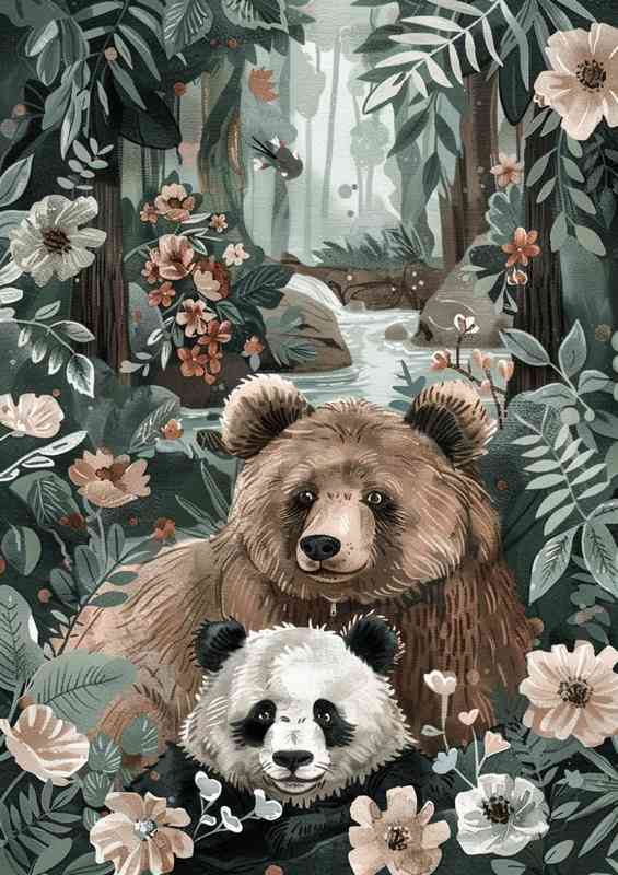 Bears in the woodland stream | Canvas