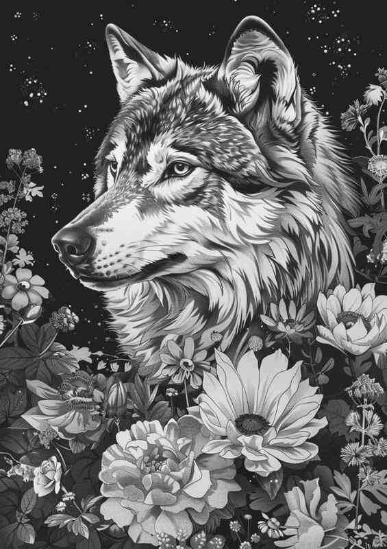 Black and white wolf with flowers | Di-Bond