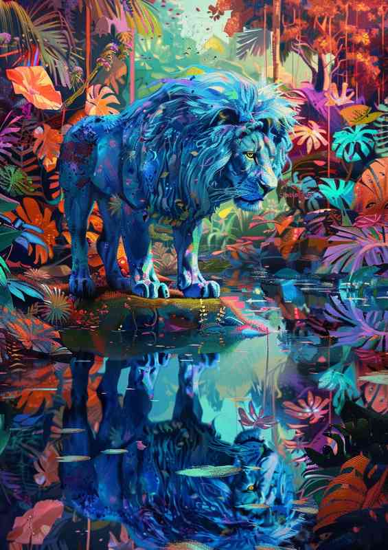 Blue lion standing in the water | Metal Poster