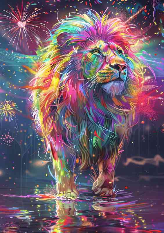 Bright colourful Lion standing in water | Di-Bond