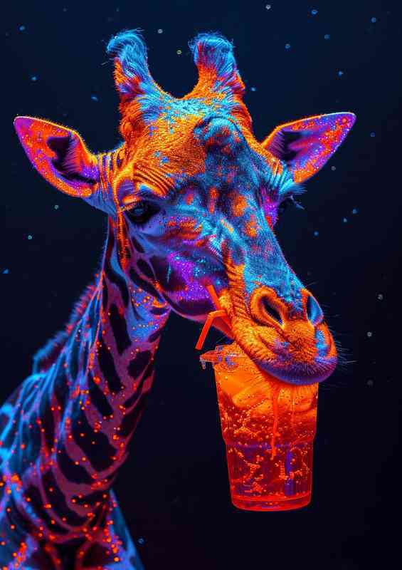 Bright giraffe drinking a colorful soda drink | Metal Poster