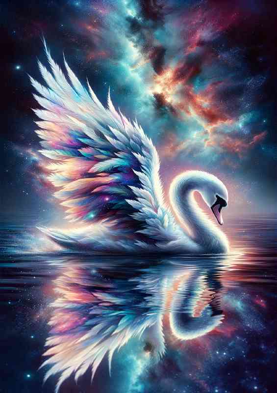 Celestial Swan its feathers shimmering with the colors of the dusk sky | Canvas