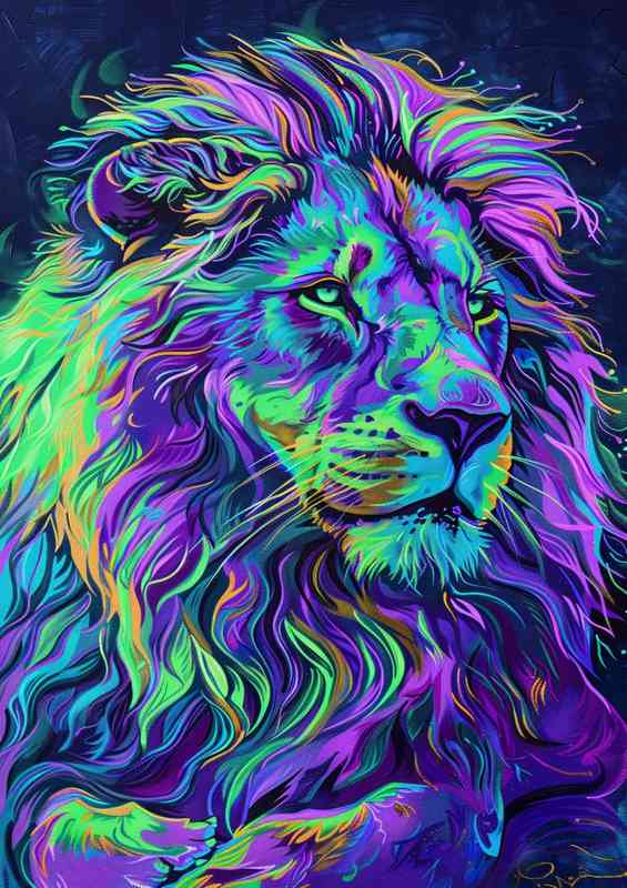 Colorful lion in purple and green | Metal Poster
