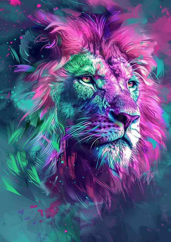 Colorful lion in purple and green with white fur | Poster