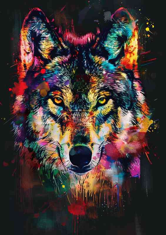 Colorful wolf face with paint splashes on black | Metal Poster