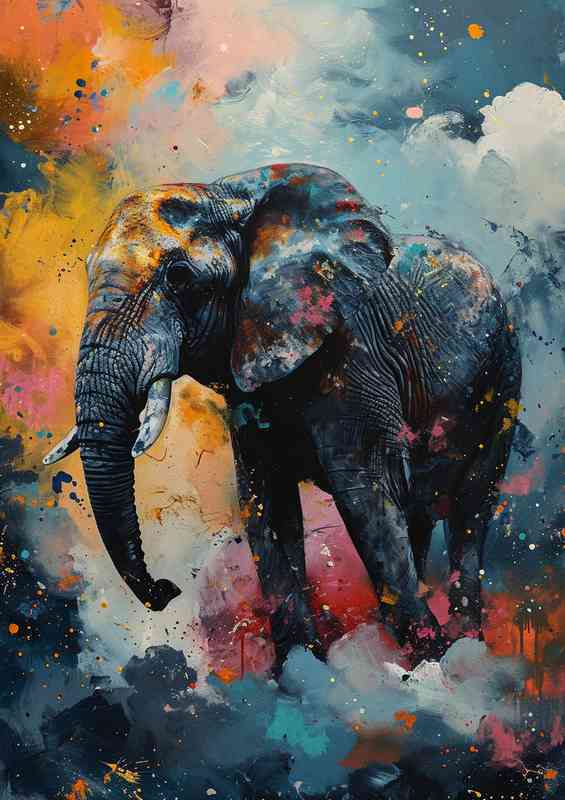 Colourful elephant walking in the cloud dust | Poster