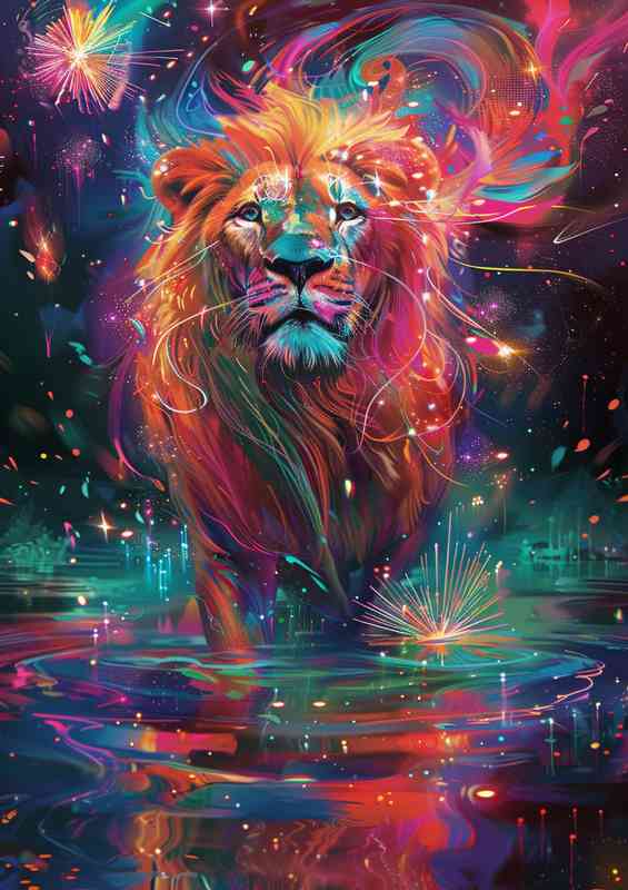 Colourful water a lion standing | Metal Poster