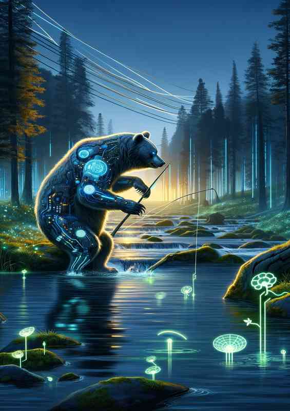 Cybernetic bear fishing in a river a futuristic wilderness | Poster