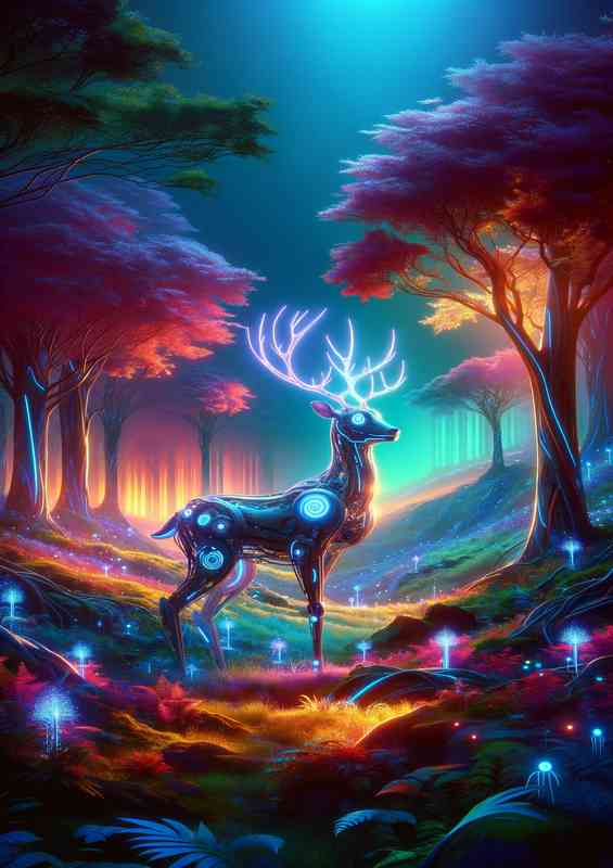 Cybernetic deer standing in a vivid futuristic forest | Metal Poster