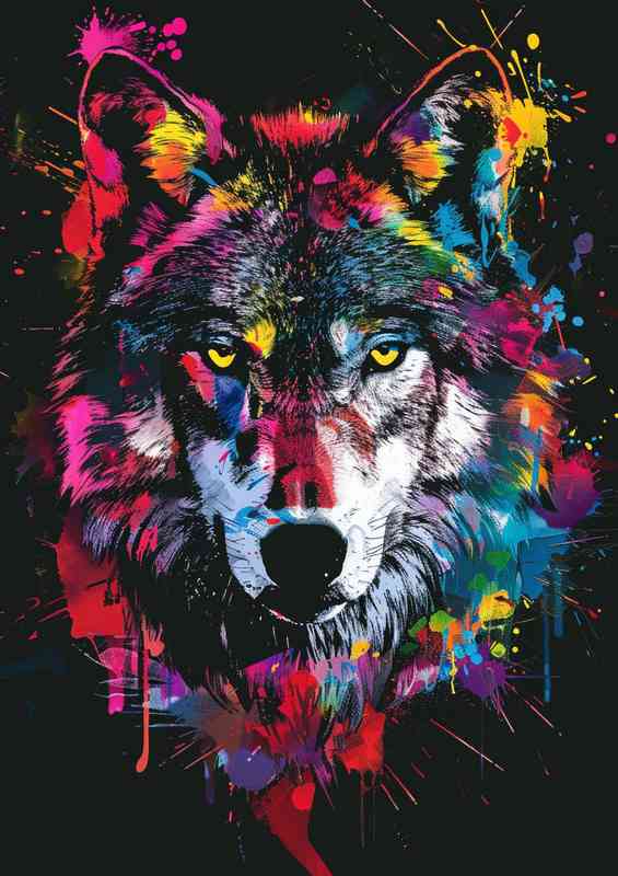 Dark wolfs face with colour paint splashes | Canvas