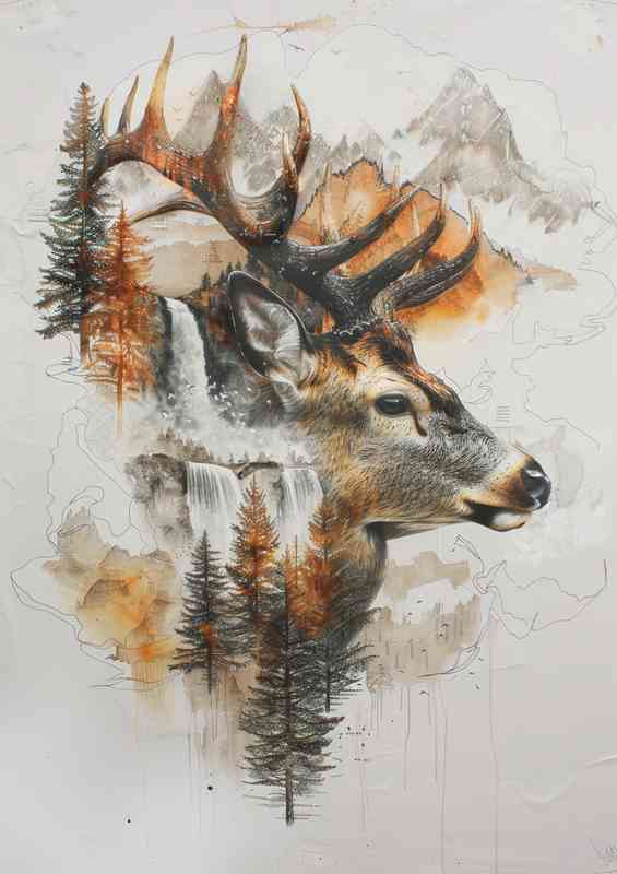 Deer head with antlers and mountains | Canvas