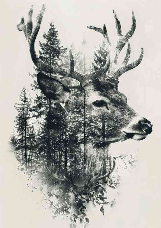 Deer head with foliage and trees | Canvas