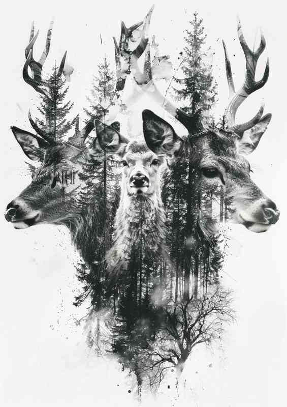 Double Deer head surrounded by trees | Poster
