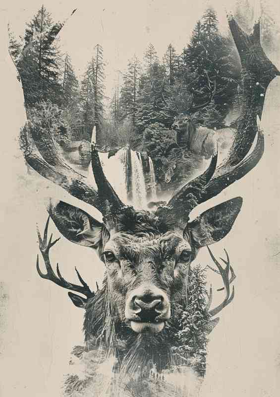 Double exposure Deer head in the wilderness | Canvas