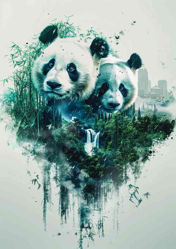 Double exposure of two pandas in the jungle with bamboo | Di-Bond