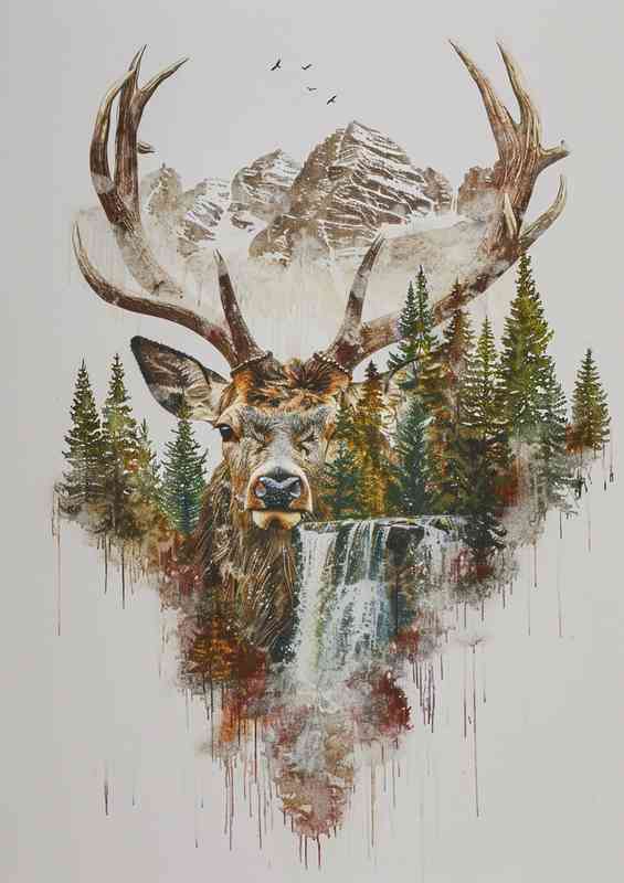 Double exposure with a Deer head and waterfall | Canvas