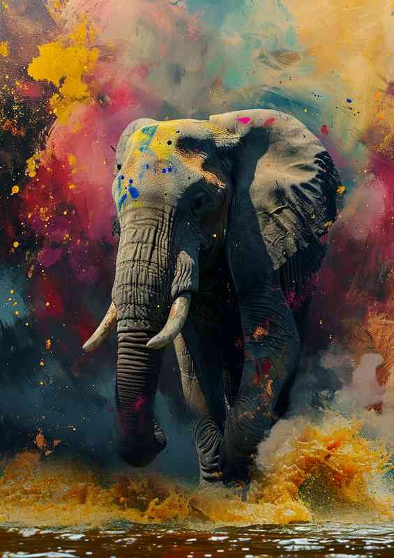Elephant walking amist the array of colours | Metal Poster