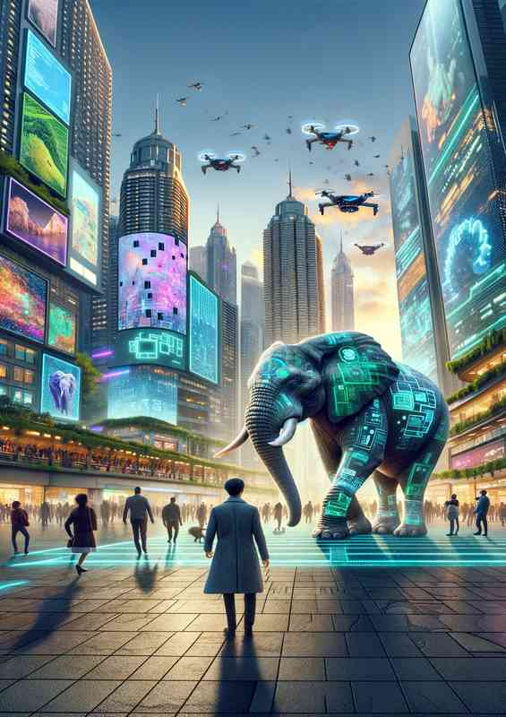 Elephant walking through a bustling future city plaza | Canvas