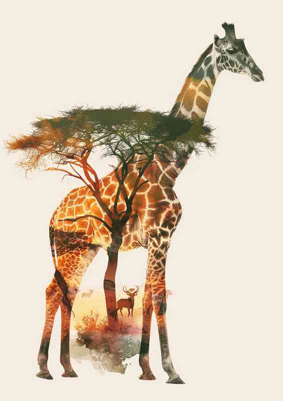 Giraffe and trees in double exposure | Di-Bond