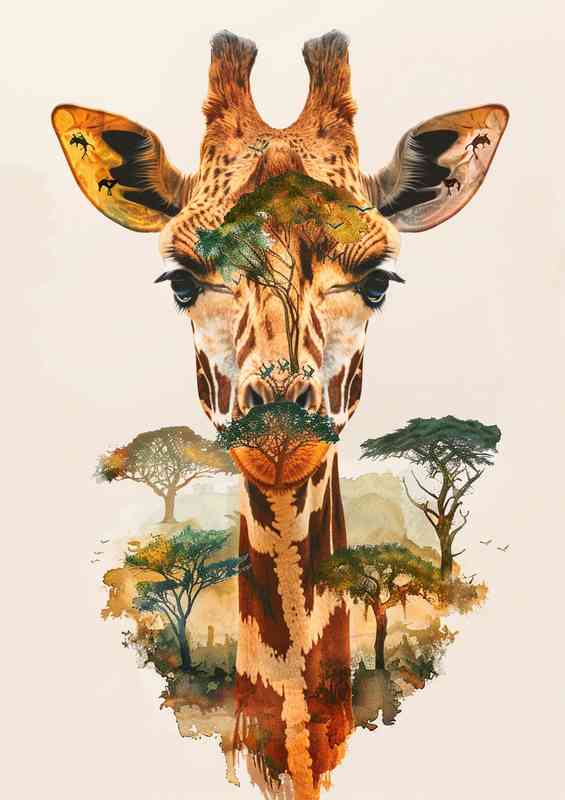 Giraffe head in the trees double exposure | Canvas