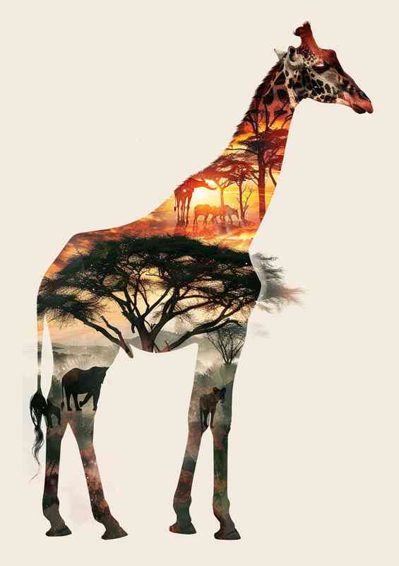 Giraffe in double exposure with trees | Metal Poster