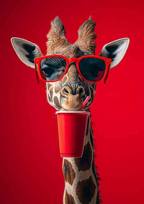 Giraffe on a red background drinking | Poster