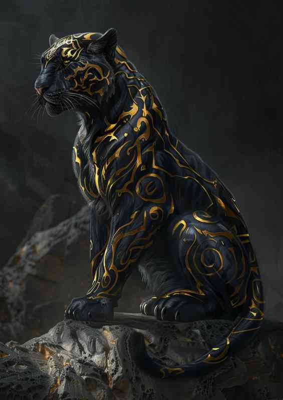 Gold and black leopard on a rock | Metal Poster