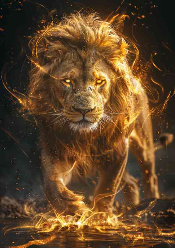 Golden lion is walking | Metal Poster