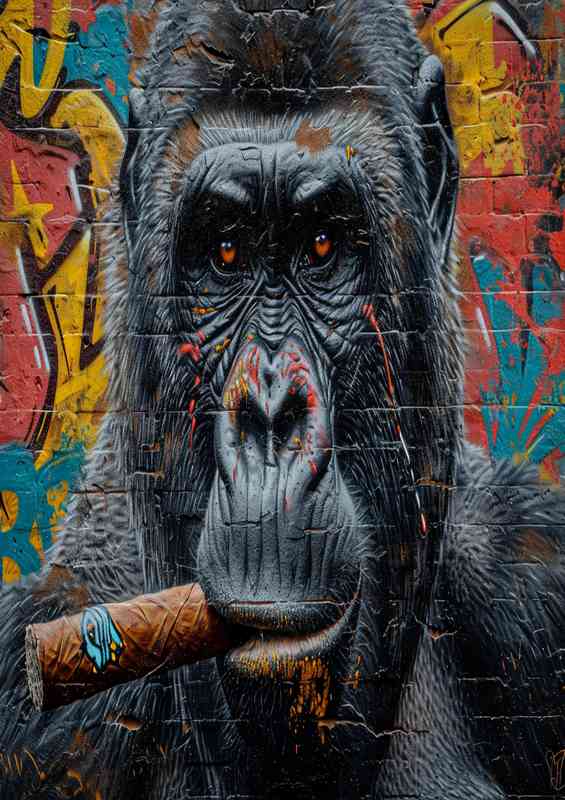 Gorilla smoking a cigar overlaid graffiti | Di-Bond