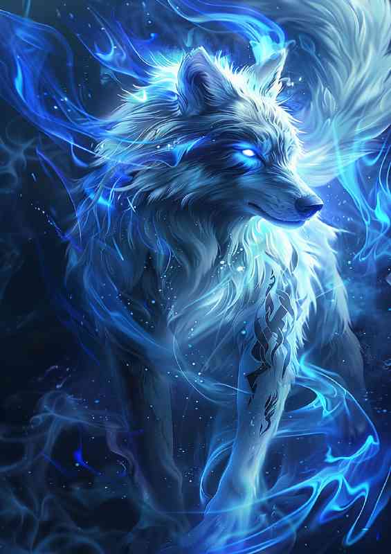 Ice Wolf white glowing eyes blue and silver fur | Metal Poster