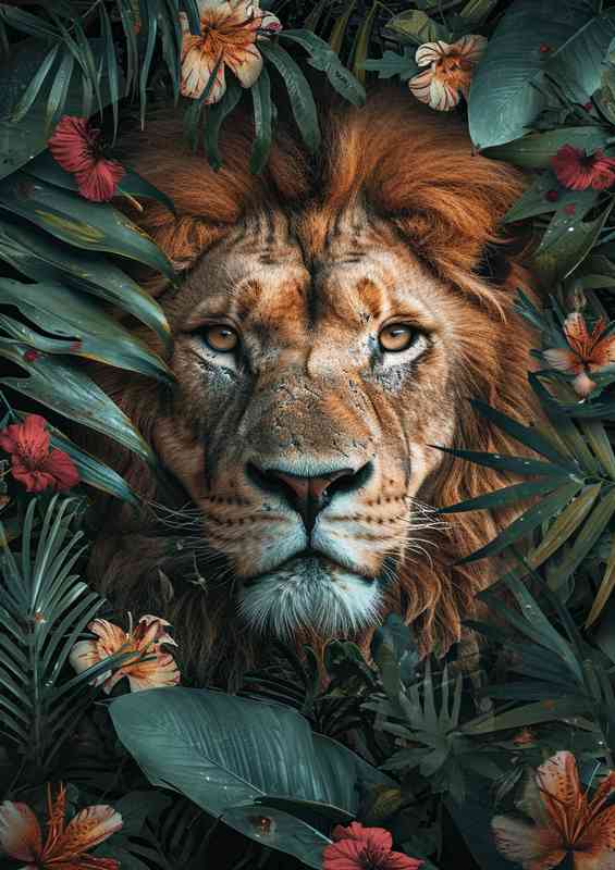 Jungle lion through the flowers | Poster