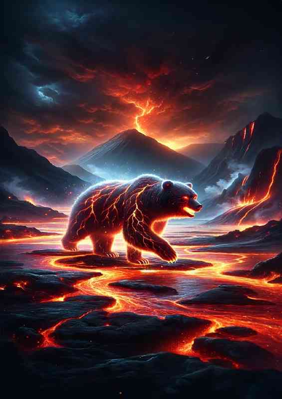 Lava Bear pacing along a river of molten rock | Canvas