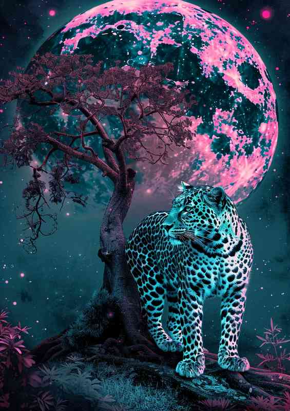 Leopard is standing in front of a tree and moon | Poster