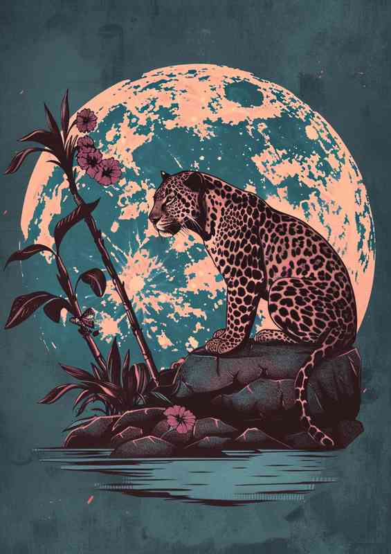Leopard under a full moon by the lagoon | Poster