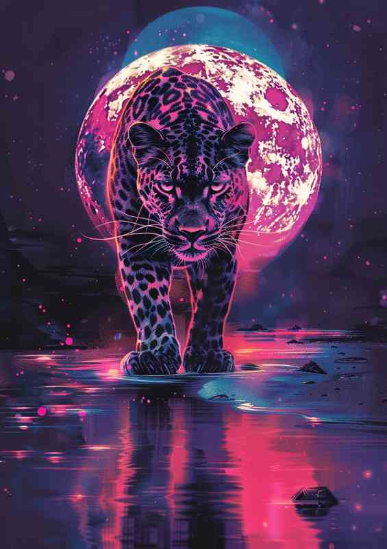 Leopard under a full moon walking | Metal Poster