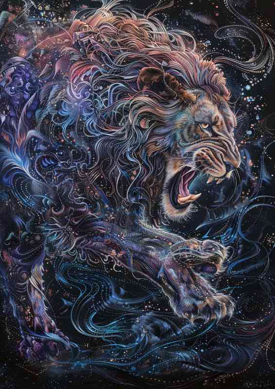Lion is fighting with a starry sky | Metal Poster