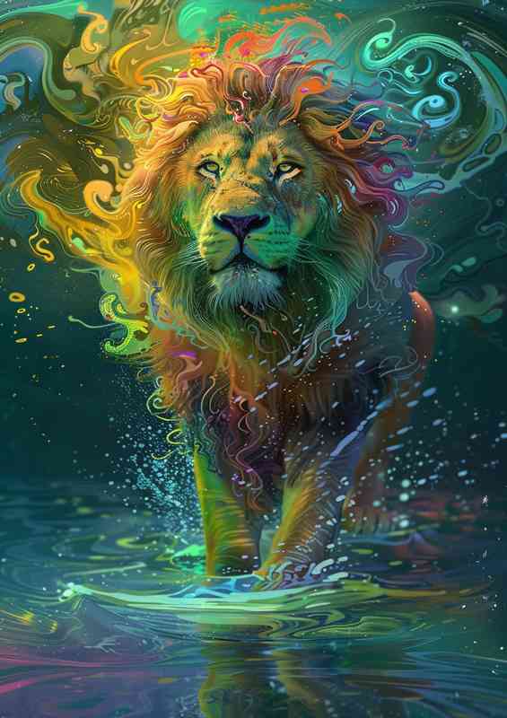 Lion standing in the lake | Metal Poster