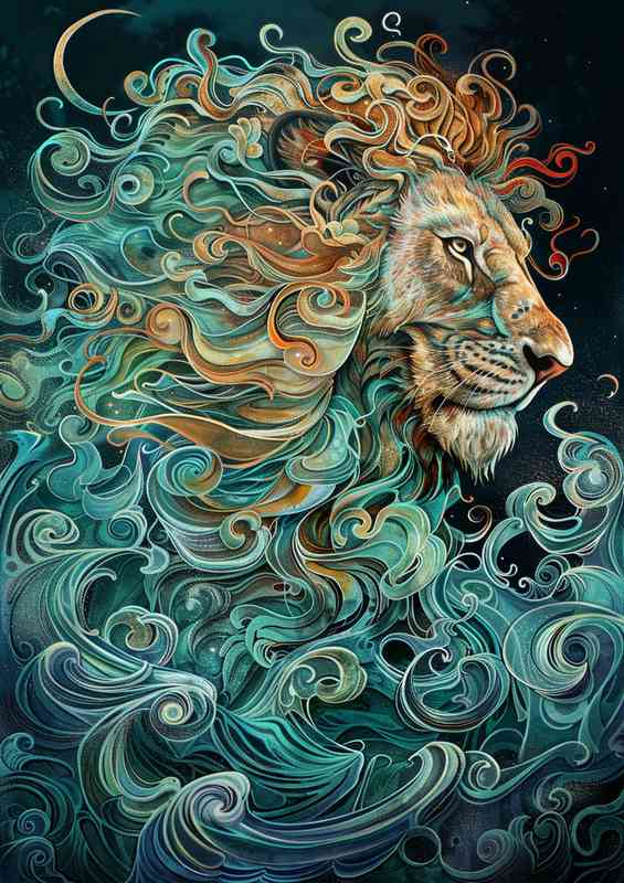 Lion with his blue and brown swirly main | Canvas