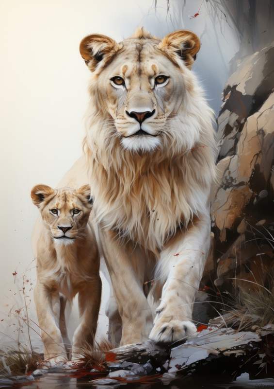 Lioness and her cub in white | Metal Poster